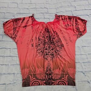 Cache Blouse Women L Coral Baroque Ombre Dolman Sleeve Banded Hem T6926B